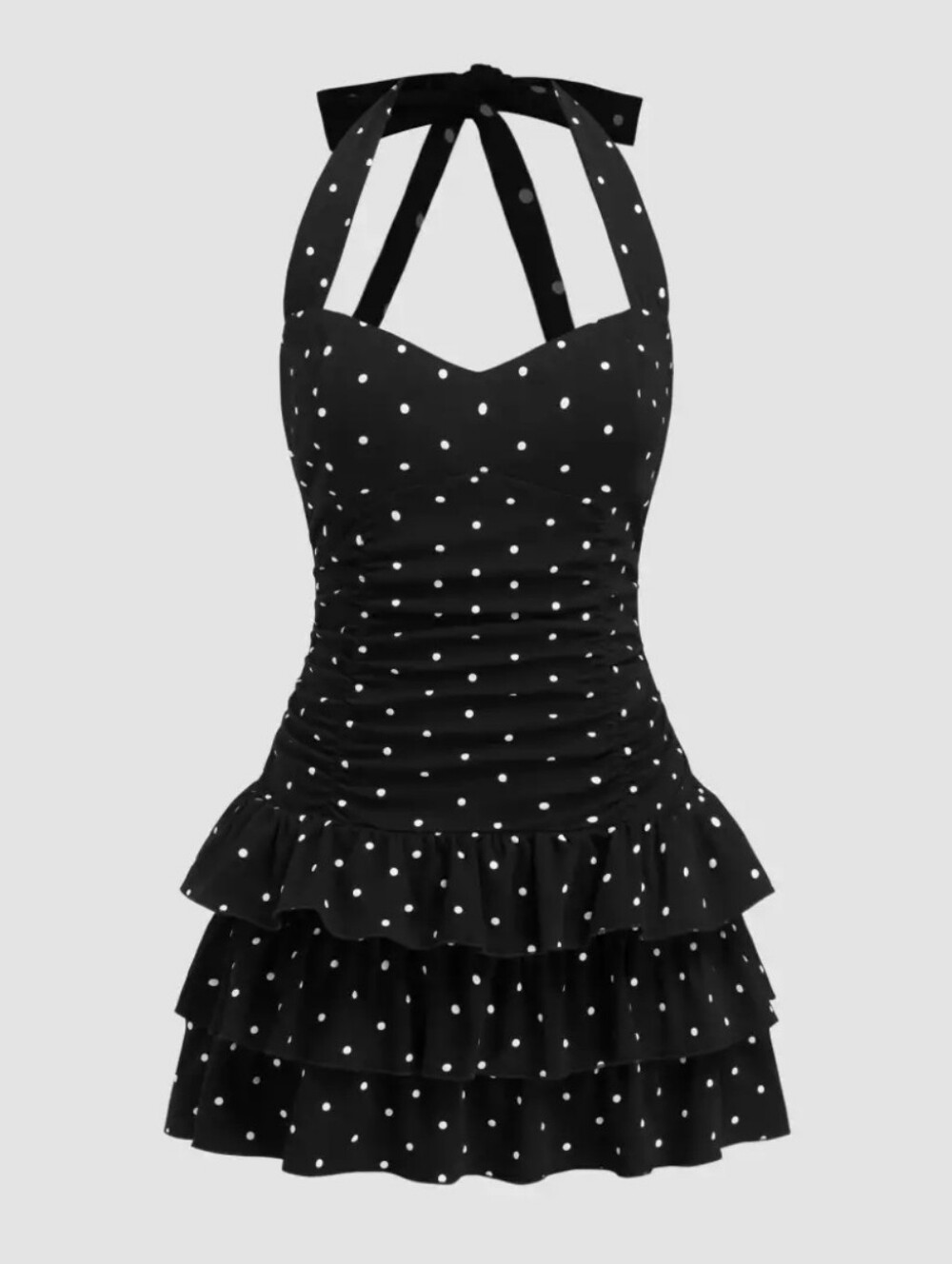 Black Polka Dot Halter Ruffle Mini Dress